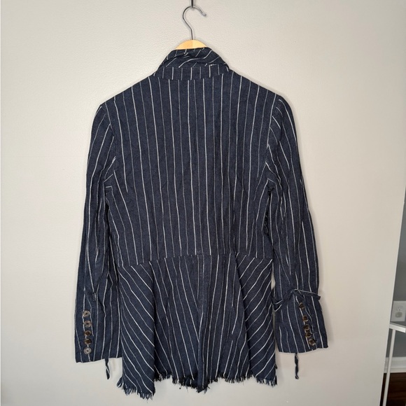 Free People Coat Jacket Stella Blazer Linen Fringed Hem - Navy Stripe - Picture 5 of 11